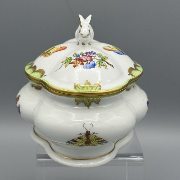 Vtg Herend Queen Victoria Porcelain Rd Box & Lid Trinket Dish with Bunny Finial - Picture 9 of 10
